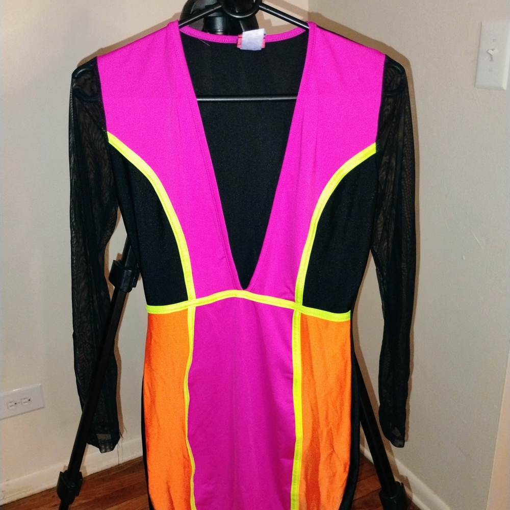 Vibrant Colorblock Dress with Mesh Sleeves - Picture 3 of 4